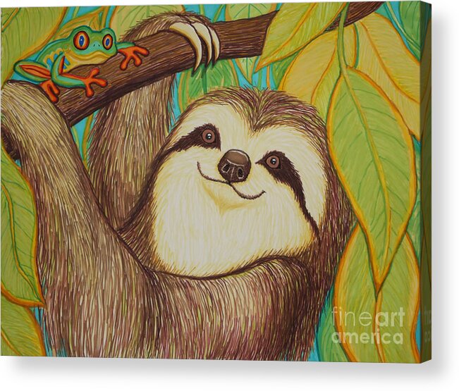 Sloth Acrylic Print featuring the drawing Sloth and Frog by Nick Gustafson