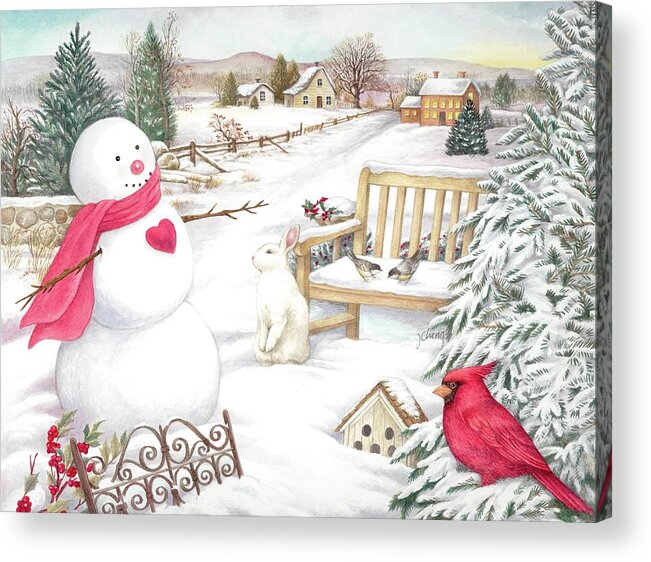 Winter Wonderland Acrylic Print featuring the painting Snowman Cardinal in Winter Garden by Judith Cheng
