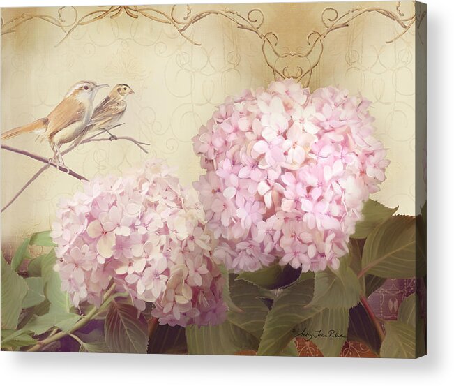 Carolina Wren Acrylic Print featuring the painting Softly Summer - Carolina Wrens w Blush Pink Hydrangeas by Audrey Jeanne Roberts