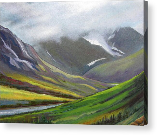 Alaska Acrylic Print featuring the painting Mountain Valley in Alaska Oil Painting, Splendor by Shirley Galbrecht