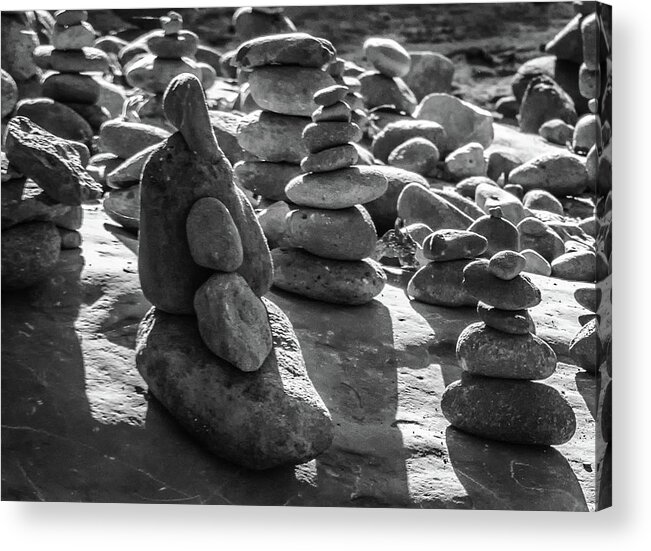 Stones Acrylic Print featuring the photograph Stone Cairns 7791-101717-2cr-bw by Tam Ryan