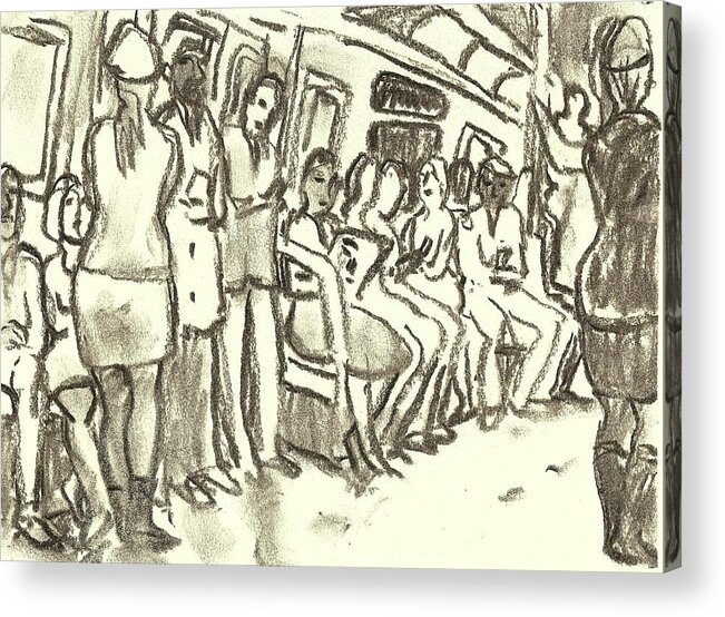 Subway Acrylic Print featuring the drawing Strap hangers, NYC Subway by Thor Wickstrom