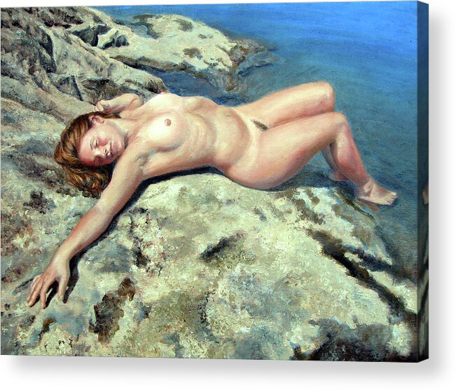 Nude Woman Acrylic Print featuring the painting Stretch on Rock Ledge by Marie Witte