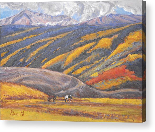 Crested Butte Acrylic Print featuring the painting Striations in Blue and Gold by Gina Grundemann