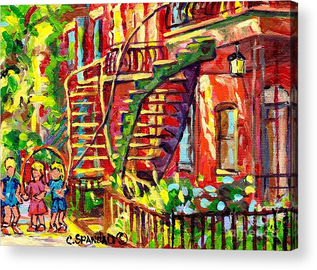 Montreal Acrylic Print featuring the painting Summer Staircase Verdun Montreal To Plateau Mont Royal Canadian Cityscene 3 Girls Skipping C Spandau by Carole Spandau