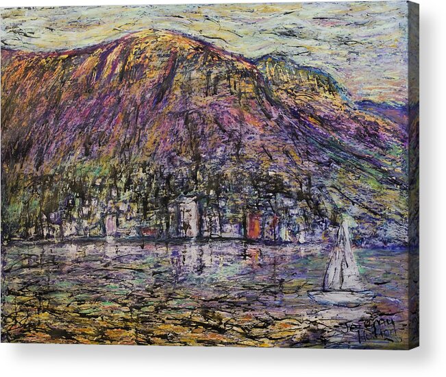 Hobart Tasmania Mount Wellington Sailing Seascape Art; Australia; Boat; Colours; Earth; Hobart; Jeremy Holton; Landscape; Mount Wellington; Mountain; Mt Wellington; Painting; Places; River; Sailing; Sea; Subject; Tasmania; Violet; Water; Www.jeremyholton.com; Yacht Acrylic Print featuring the painting Sundays in Hobart by Jeremy Holton