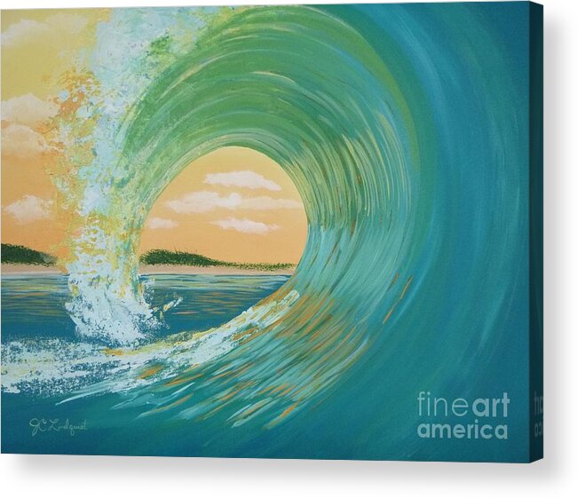 Ocean Acrylic Print featuring the painting Green Sunset Curl by Jenn C Lindquist