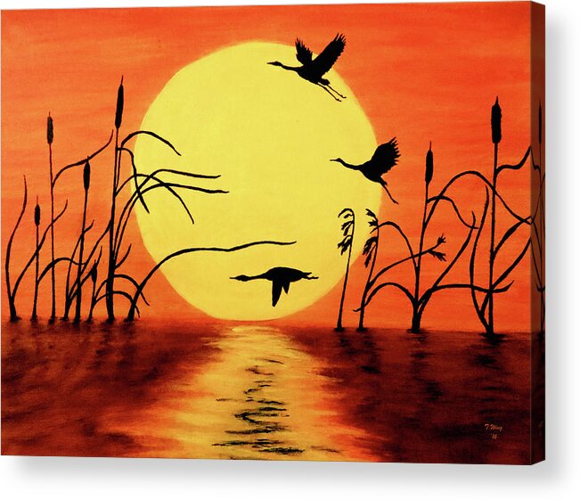 Geese Acrylic Print featuring the painting Sunset geese by Teresa Wing