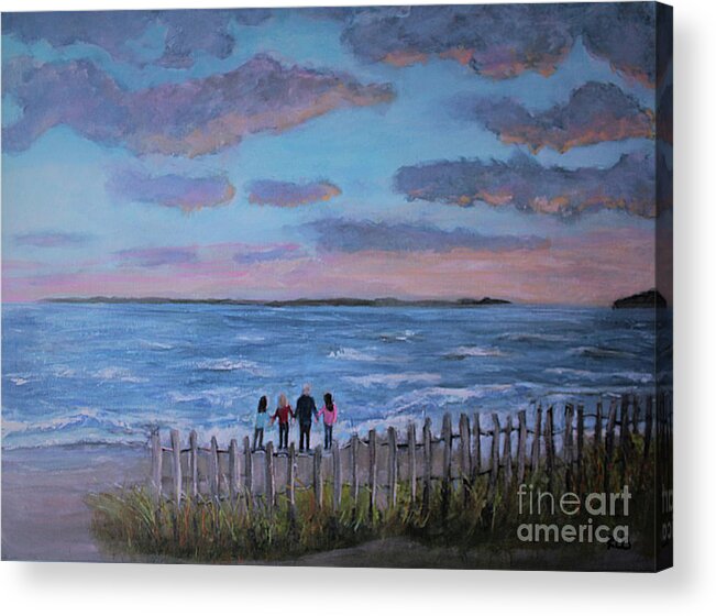 Falmouth Acrylic Print featuring the painting Surf Drive Beach Sunset with the Family by Rita Brown