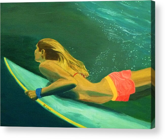 Surf Acrylic Print featuring the painting Surfer Girl Duck Dive by Jenn C Lindquist
