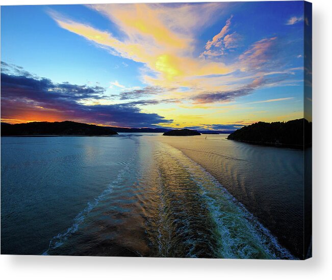  Norway Acrylic Print featuring the photograph The Fjords of Kristansand, Norway at sunset by Allan Levin