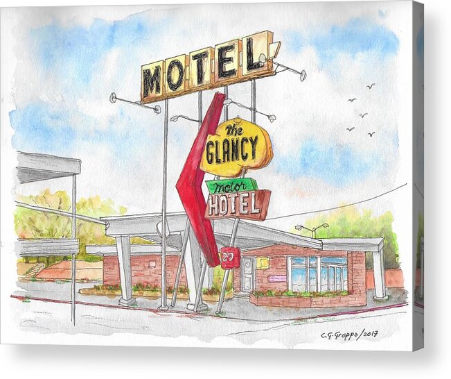 The Glancy Motor Hotel Acrylic Print featuring the painting The Glancy Motor Hotel, Cinton, Oklahoma by Carlos G Groppa