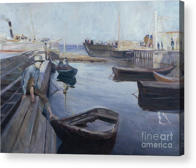Edvard Munch Acrylic Print featuring the painting The post boats arrival by Edvard Munch