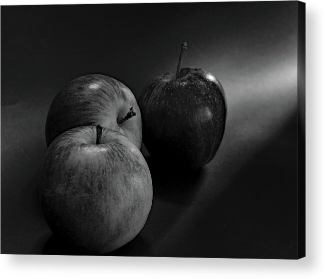 Three Apples Acrylic Print featuring the photograph Three Apples Monochrome by Jeff Townsend