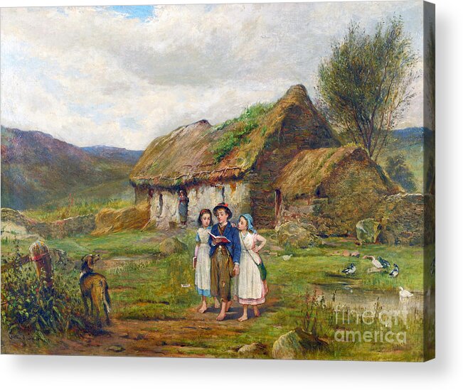 Carlton Alfred Smith - Three Children And A Dog Beside A Scottish Croft 1878 Acrylic Print featuring the painting Three Children and a Dog Beside a Scottish Croft by MotionAge Designs