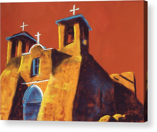 Ranchos De Taos Acrylic Print featuring the painting Three Crosses by Celene Terry
