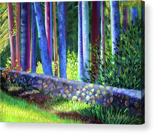 Blue Trees Acrylic Print featuring the pastel To the Left of the Entrance to New Pond Farm by Polly Castor
