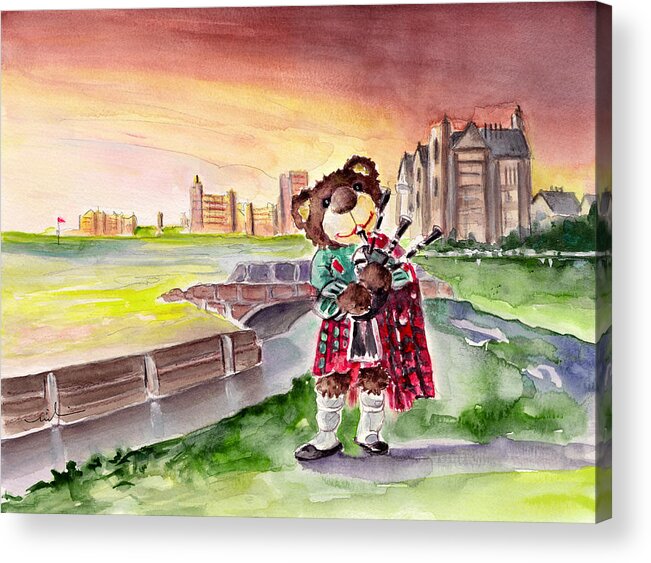 Animals Acrylic Print featuring the painting Truffle McFurry Playing The Bagpipes At St Andrews by Miki De Goodaboom