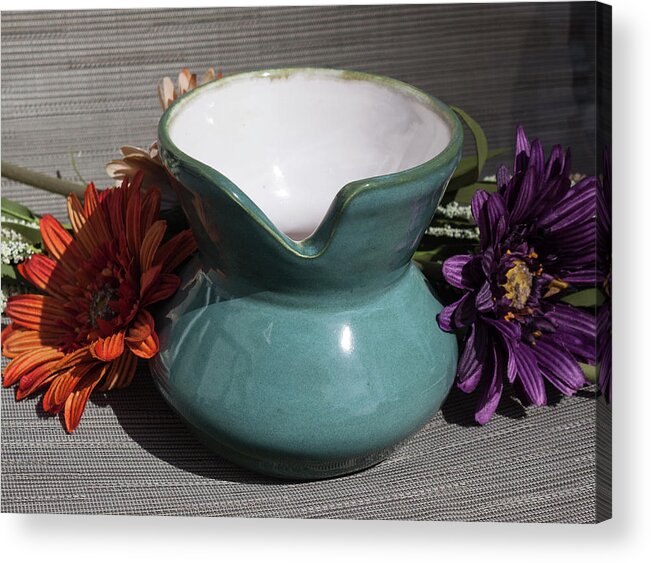 Ceramic Acrylic Print featuring the ceramic art Turquoise Post Modern Vessel by Suzanne Gaff