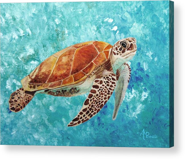 Turtle Acrylic Print featuring the painting Turtle Swimming by Angeles M Pomata