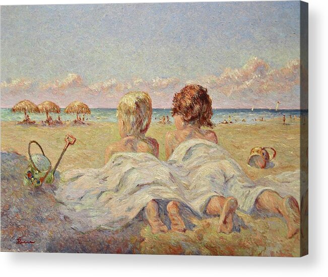 Children On The Beach Acrylic Print featuring the painting Two children on the beach by Pierre Dijk