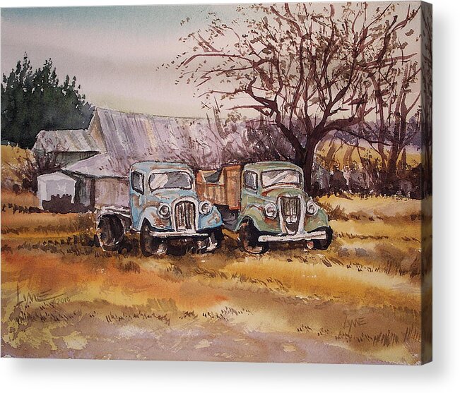 Old Farm Equipment Acrylic Print featuring the painting Two Old Trucks by Lynne Haines