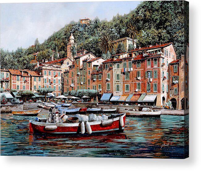 Portofino Acrylic Print featuring the painting Una Lunga Barca Rossa by Guido Borelli