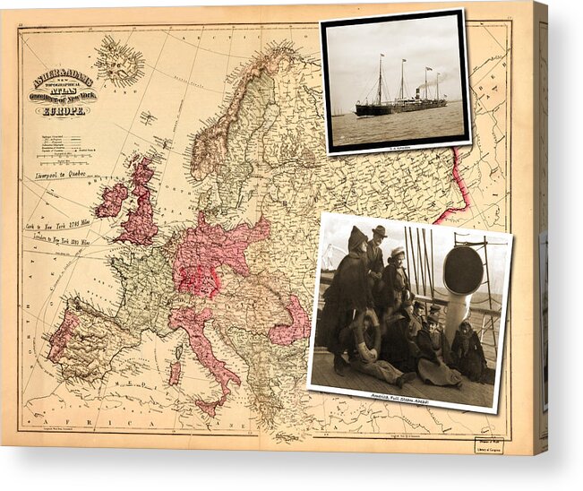 Vintage Acrylic Print featuring the photograph Vintage Map Europe to New York by Karla Beatty