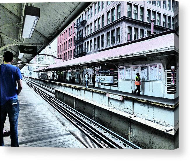 Pin And Blue Buildings Acrylic Print featuring the photograph Waiting For The Train 4 by Rosanne Licciardi