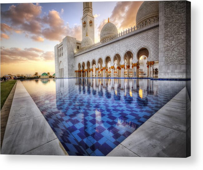 Abstract Acrylic Print featuring the photograph Water Sunset Temple by John Swartz