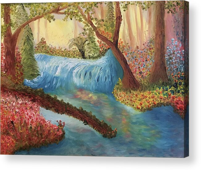 Springtime Acrylic Print featuring the painting Waterfall in Paradise by Susan Grunin
