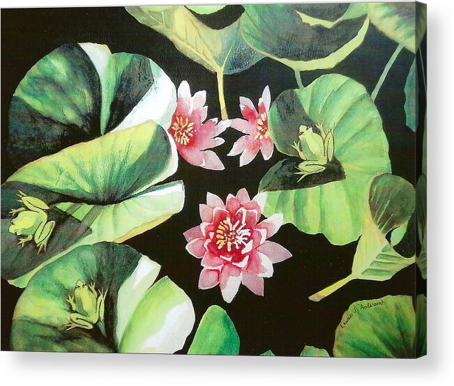 Waterlilies Acrylic Print featuring the painting Waterlilies with Frogs by Laurie Anderson