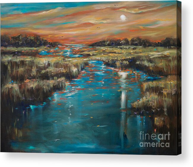 Southern Landscape Acrylic Print featuring the painting Waterway Sunset by Linda Olsen