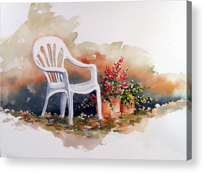 Chair Acrylic Print featuring the painting White Chair with Flower Pots by Sam Sidders