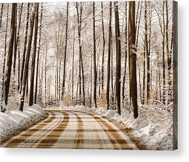 Road Acrylic Print featuring the painting Winter Road through the Forest by Conrad Mieschke