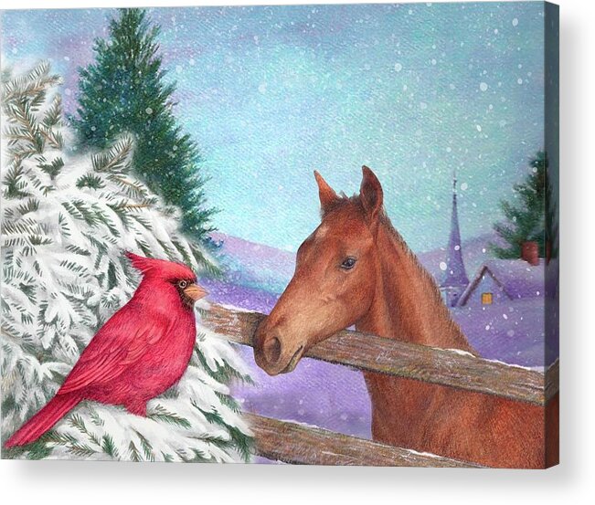 Snowy Landscape Acrylic Print featuring the painting Winterscape with horse and cardinal by Judith Cheng