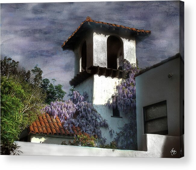 Stucco Acrylic Print featuring the photograph Wisteria on a Spanish Tower by Wayne King