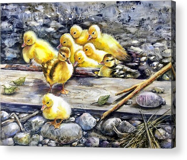 Ducklings Acrylic Print featuring the painting Yellow happiness by Katerina Kovatcheva
