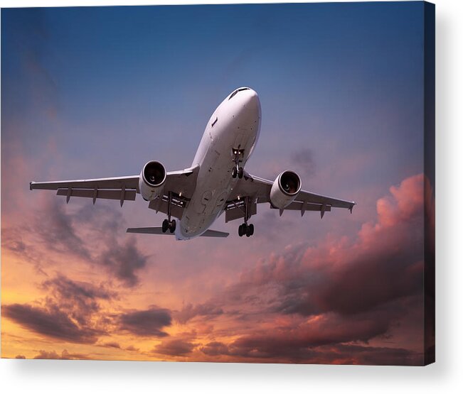 Taking Off Acrylic Print featuring the photograph Airplane Landing In Sunset Light #1 by Narvikk