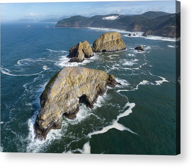 Landscapeaerial Acrylic Print featuring the photograph Sunlight Shines On Rugged Sea Stacks #5 by Ethan Daniels