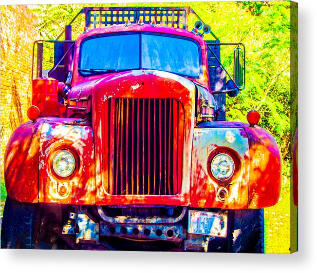 Truck Acrylic Print featuring the digital art An Old Red Truck in Black Mountain, North Carolina by L Bosco
