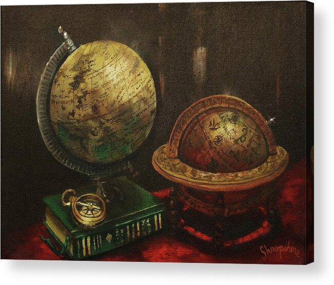 Explorers’ Club Acrylic Print featuring the painting Armchair Traveler by Tom Shropshire