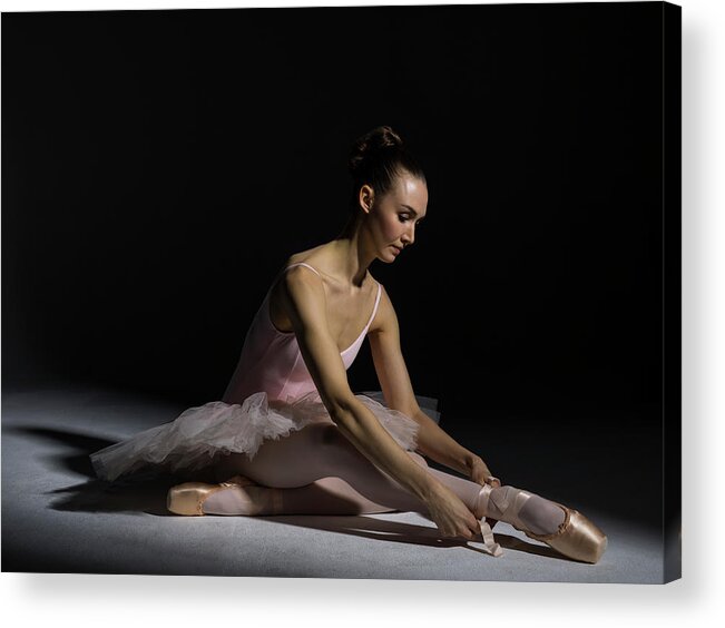 Tranquility Acrylic Print featuring the photograph Ballerina Tying Pointe Shoe Ribbon by Nisian Hughes