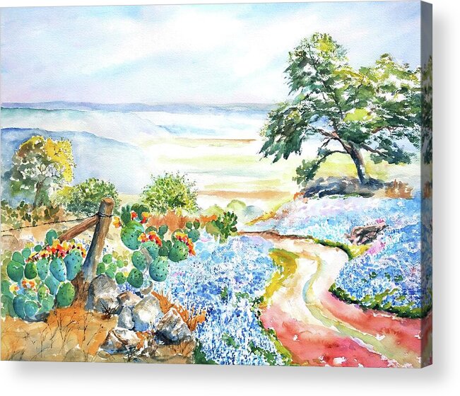 Texas Acrylic Print featuring the painting Bluebonnets - Texas Hill Country in Spring by Carlin Blahnik CarlinArtWatercolor