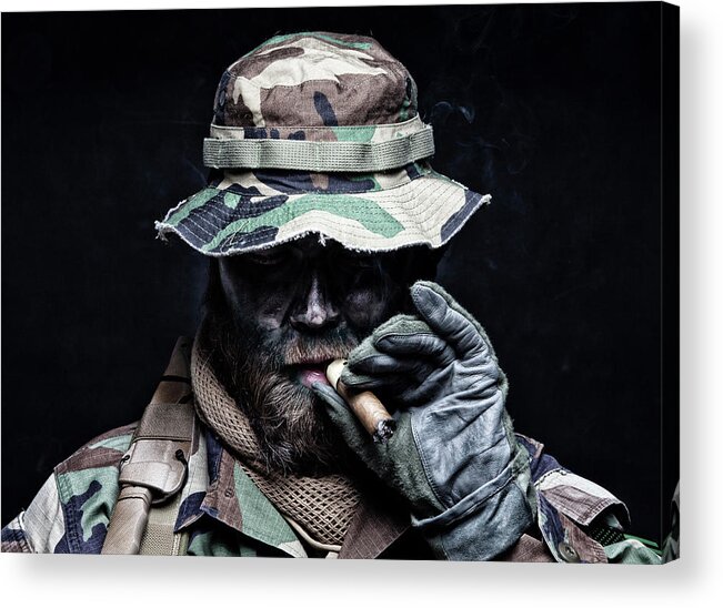 Soldier Acrylic Print featuring the photograph Commando Soldier In Boonie Hat Smoking by Oleg Zabielin