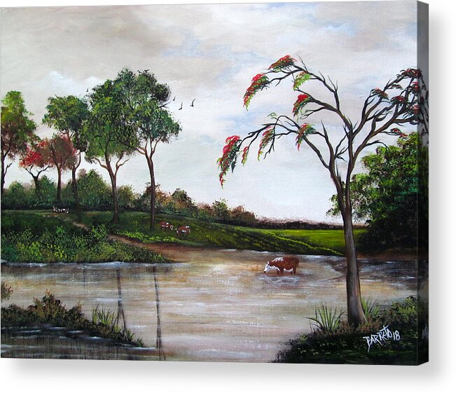Flamboyant Tree Acrylic Print featuring the painting Cow Haven by Gloria E Barreto-Rodriguez