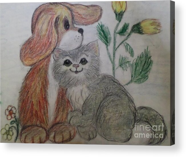 Cutesy Puppy And Kitten Colored Pencil Sketch Completed In My Junior High Years Acrylic Print featuring the drawing Cutesy Puppy and kitten by Christy Saunders Church