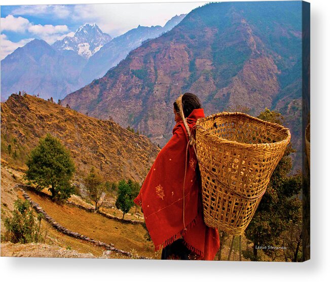 Trek Acrylic Print featuring the photograph Daily life for a working woman in the Himalayas of Nepal by Leslie Struxness