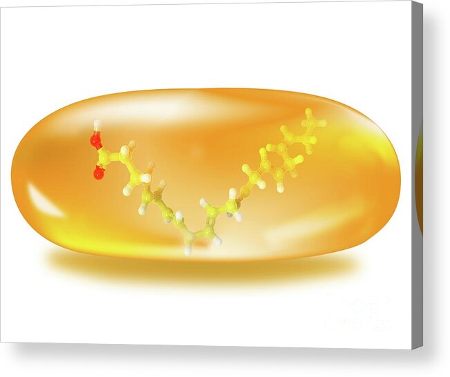 3 Dimensional Acrylic Print featuring the photograph Dha Omega-3 Fatty Acid Model In An Oil Pill by Ramon Andrade 3dciencia/science Photo Library