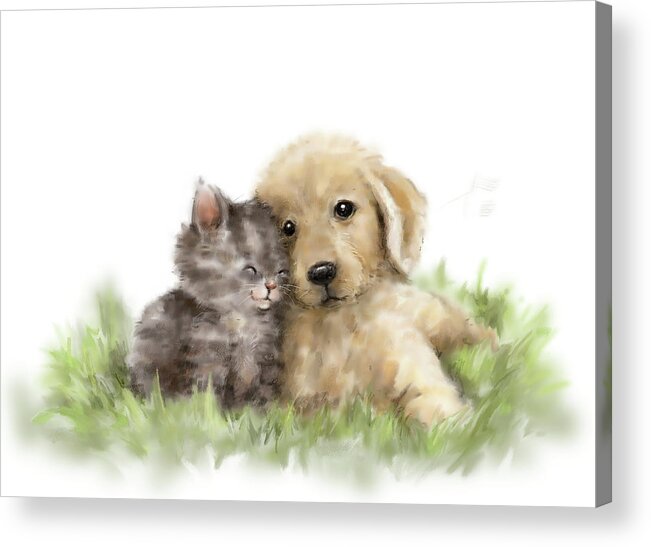 Dog And Cat 1 Acrylic Print featuring the mixed media Dog And Cat 1 by Makiko